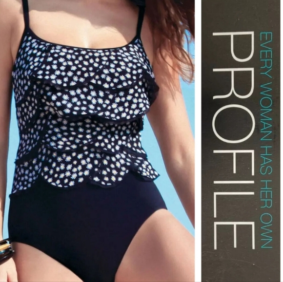 Profile By Gottex‎ Swimsuit Womens 10 One Piece Back White Ruffle Floral - Picture 1 of 12